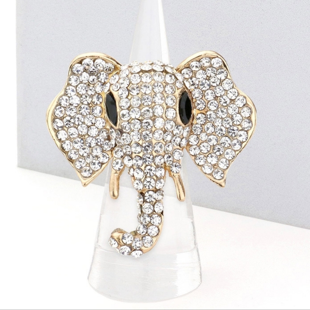 Gold Crystal Elephant Stretch Fashion Ring Rhinestone Finger Adjustable